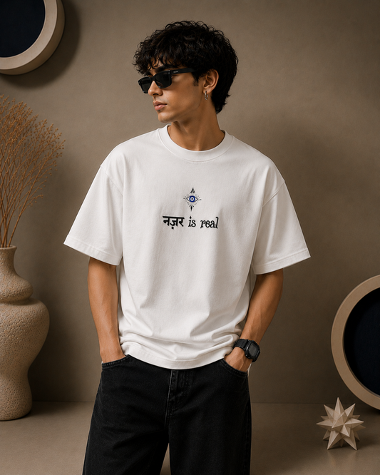 Nazar is Real Oversized White Edition Tee | Mens Tshirt