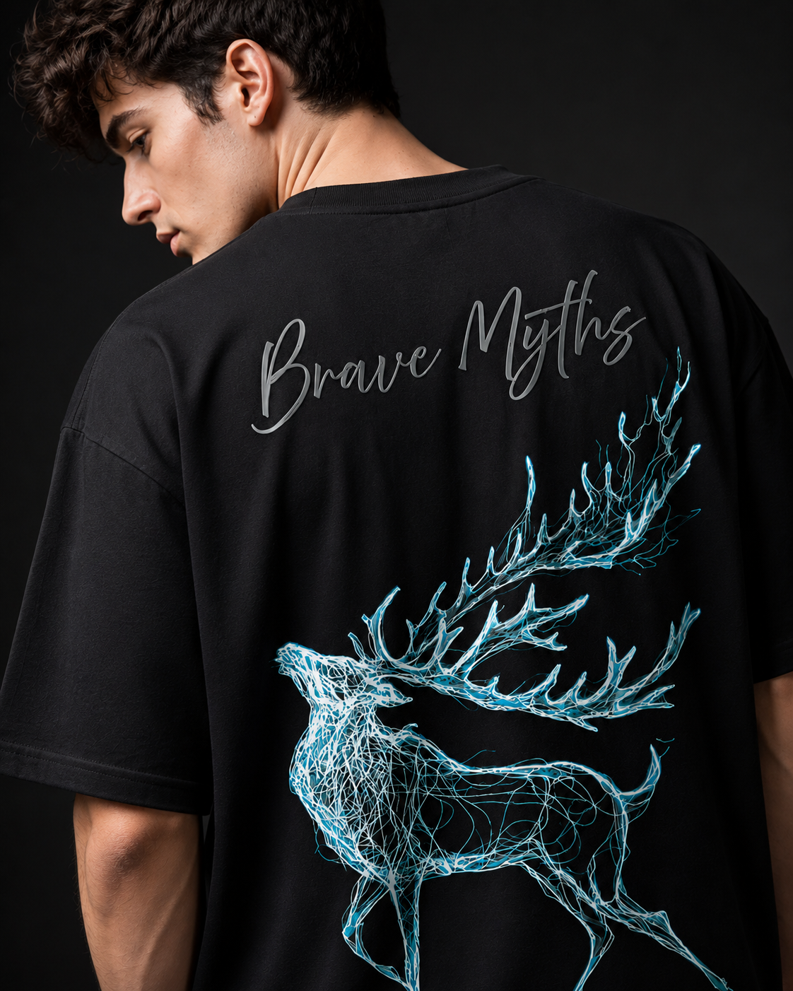 Brave Myths - Blue Stag Oversized Black Edition Tee | Mens Tshirt