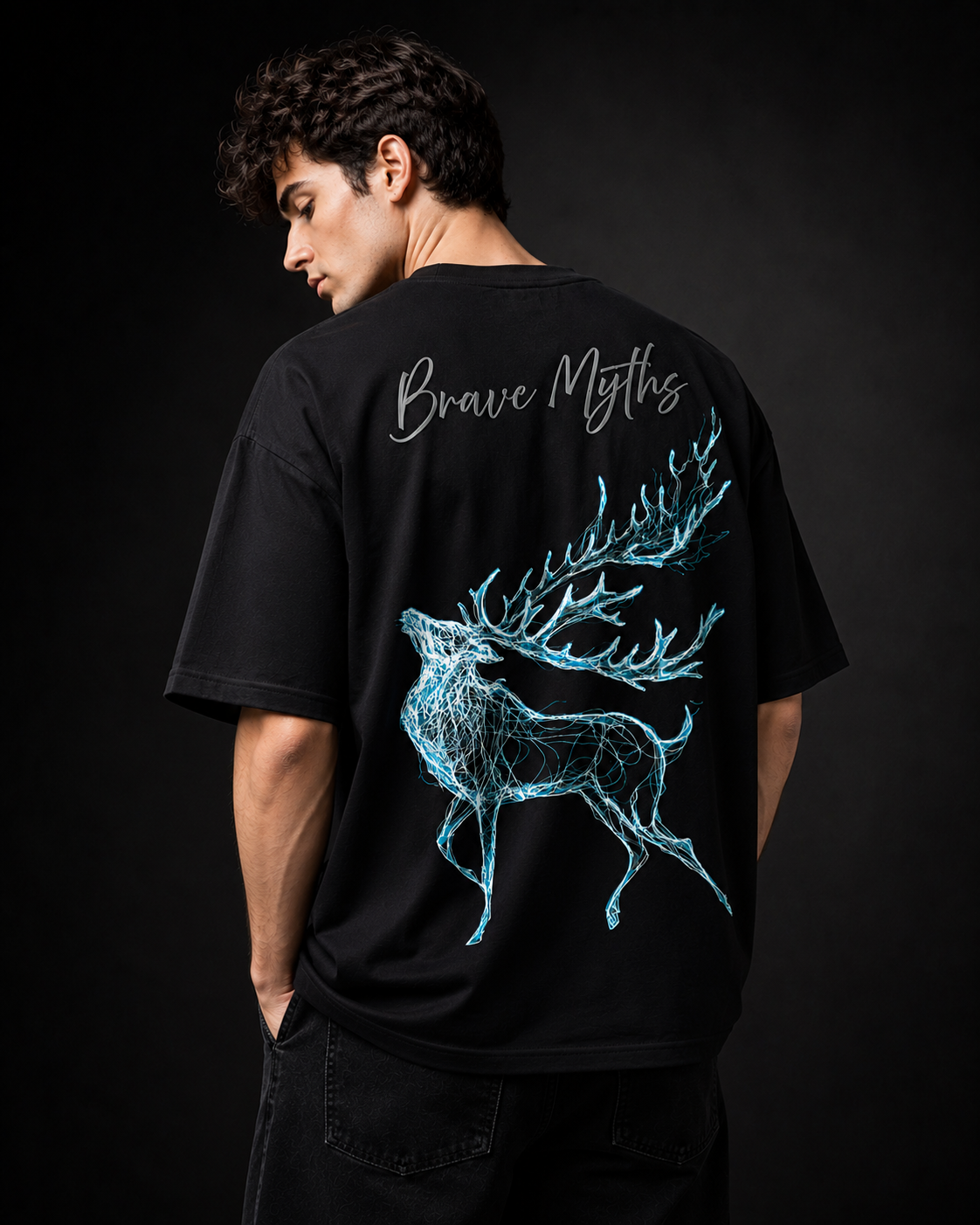 Brave Myths - Blue Stag Oversized Black Edition Tee | Mens Tshirt