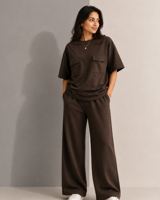Cocoa Ease Co-ord Premium Cotton Relaxed Fit Tshirt and Wide-Leg Trackpants Set